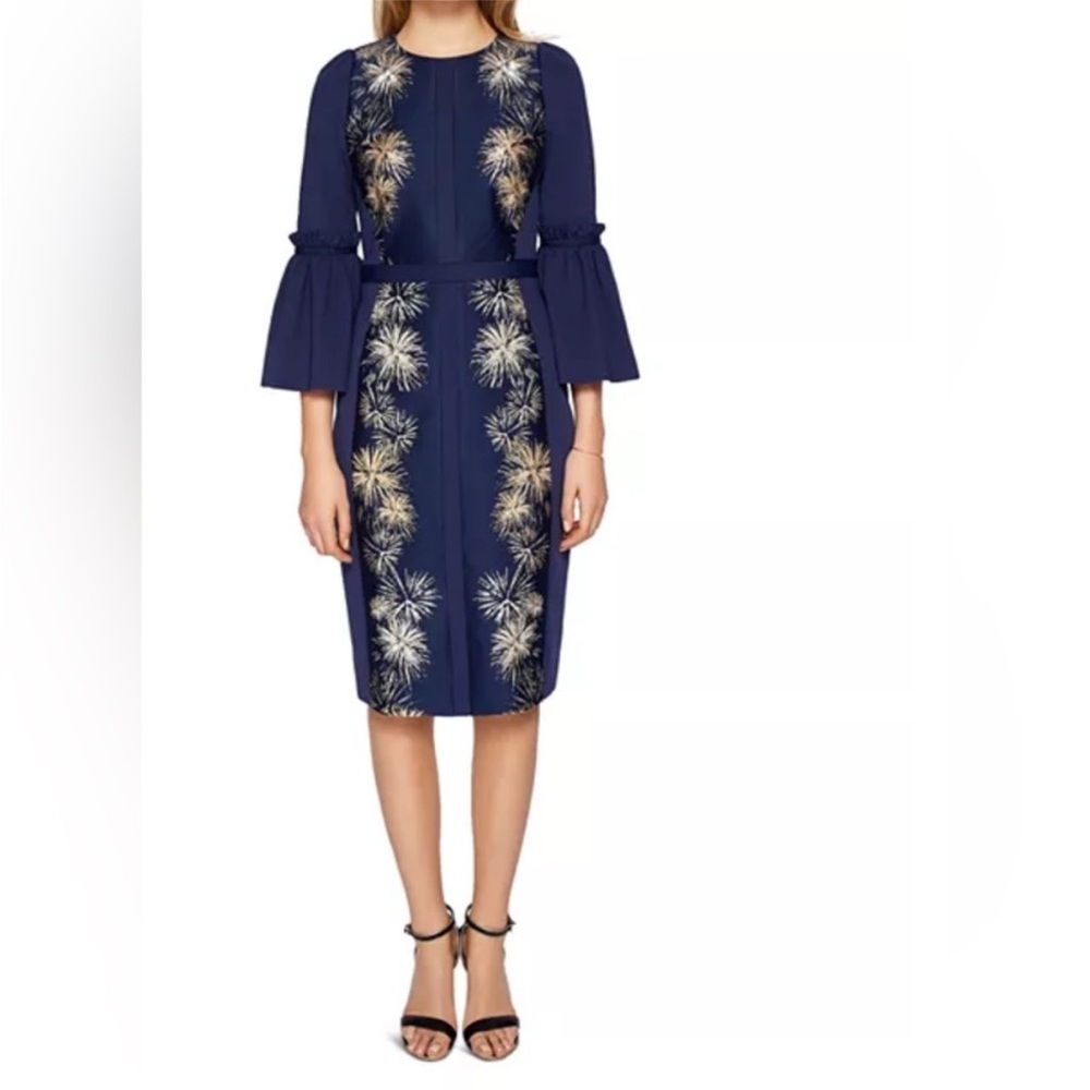 Ted Baker Navy gold firework Embroidered Bell-Sleeve Sheath Dress TB 2 = US 6